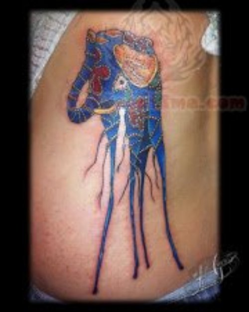 Blue Ink Dali Elephant Tattoo On Side Rib